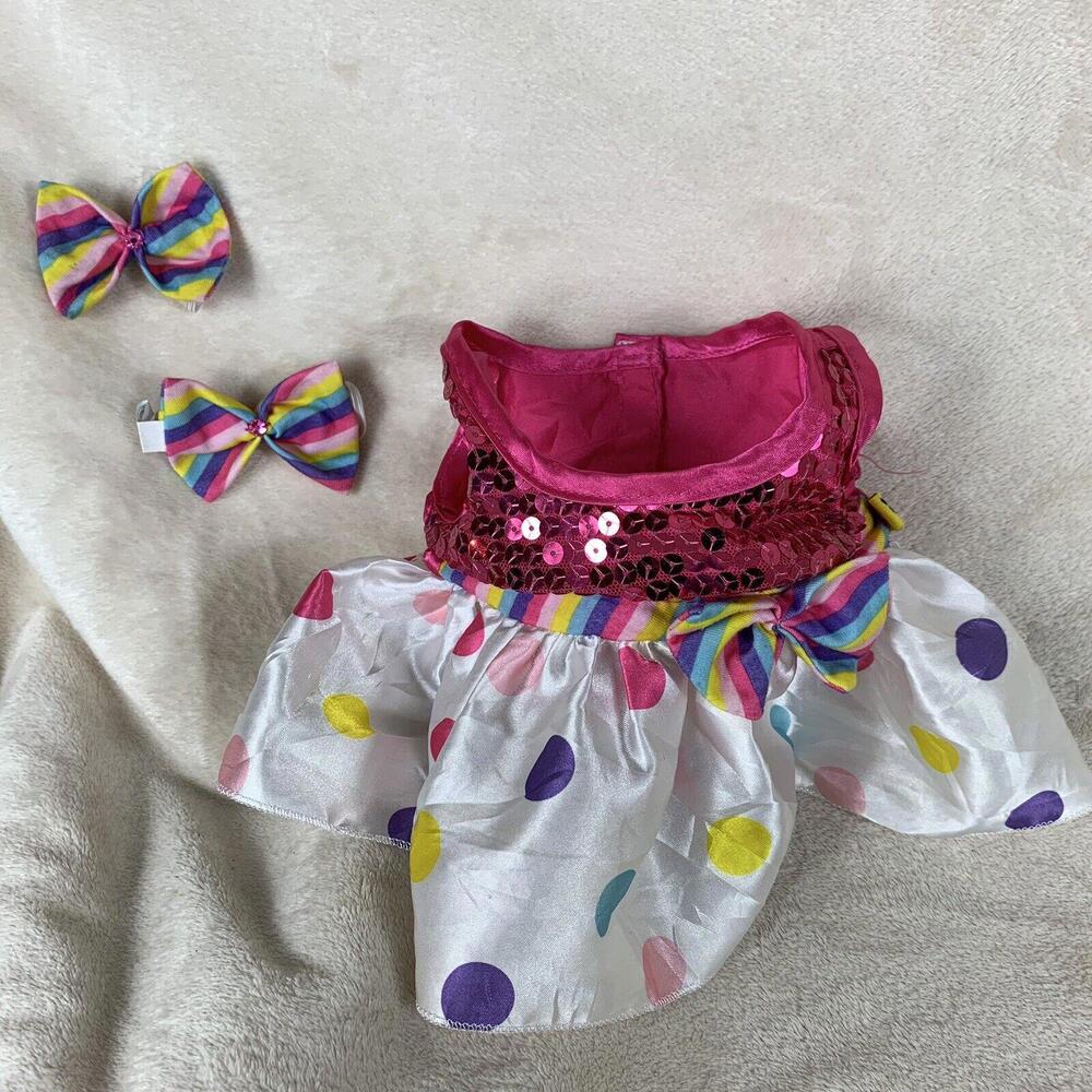 Build A Bear Pink Sequin Satin Polka Dot Dress 2 Matching Hair Bows 2013 Retired